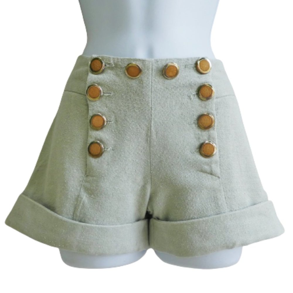 SiLK Johnson USA 90s Shorts Sailor Button Front Flap Cuffs Raw Silk Green Hues
